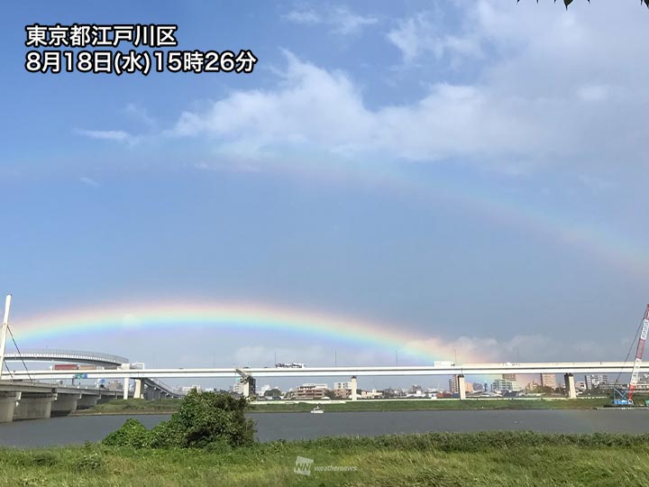 東京都内でダブルレインボー 夕方までにわか雨に注意 ウェザーニュース