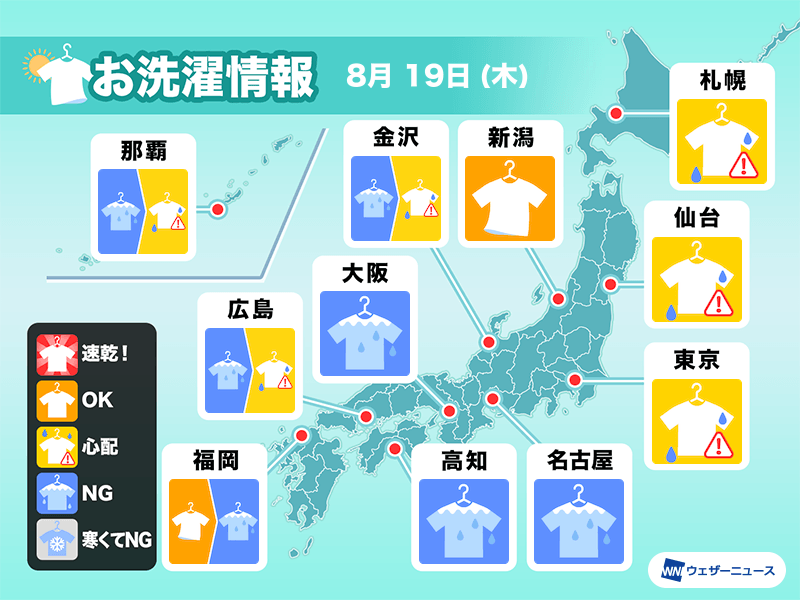 8月19日 木 の洗濯天気予報 関東甲信は空の変化に要注意 ウェザーニュース