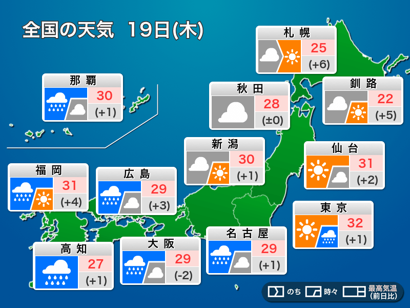 今日の天気 8月19日 木 中四国 東海で激しい雨に警戒 関東は厳しい残暑 ウェザーニュース