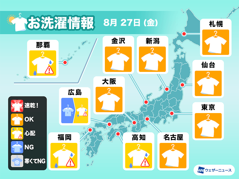 8月27日 金 の洗濯天気予報 広く外干し可能 念のため空の様子に気を付けて ウェザーニュース