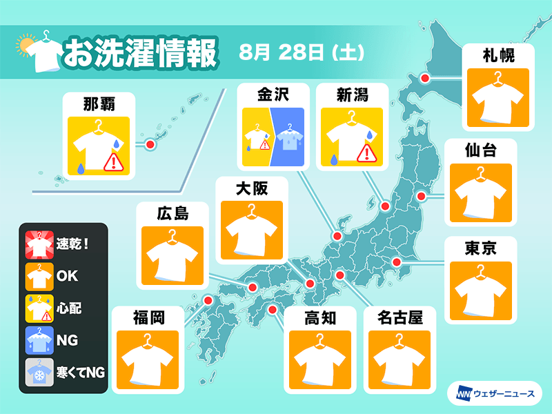 8月28日 土 の洗濯天気予報 東日本 西日本太平洋側では外干しok ウェザーニュース