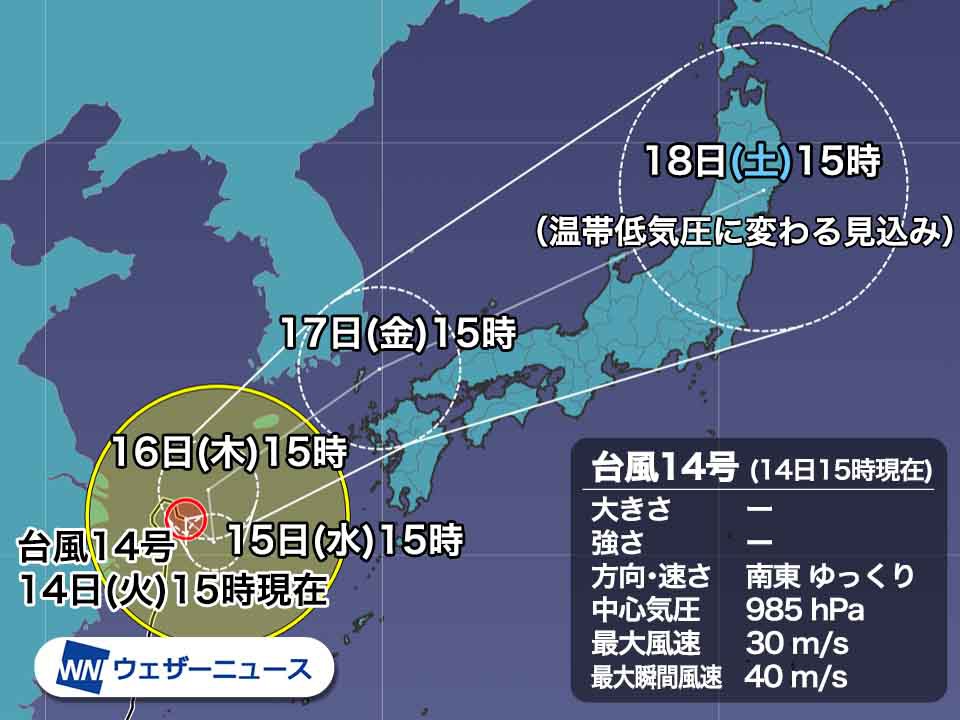 台風14号は16日 木 午後から北東進 加速しながら日本に近づき荒天に ウェザーニュース