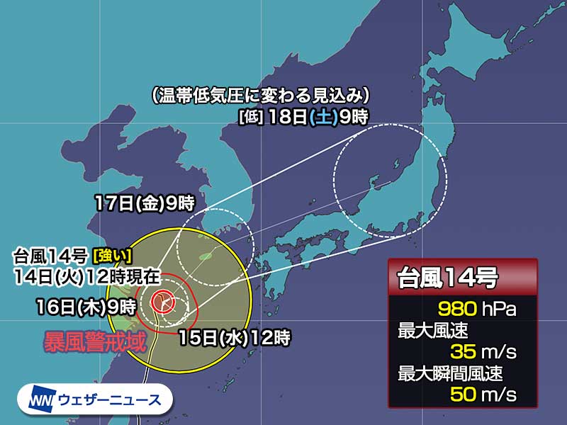 週間天気予報 台風14号影響 18日 土 にかけ大雨や暴風のおそれ 9月16日 木 22日 水 ウェザーニュース