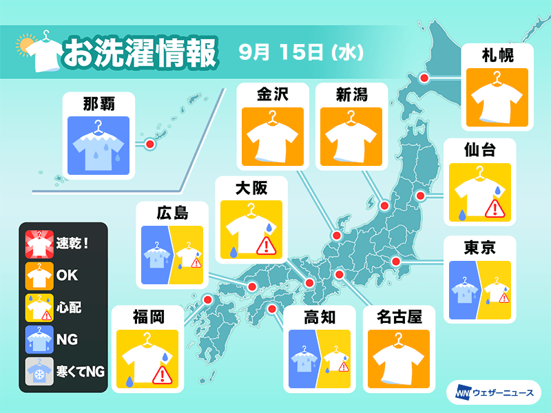 9月15日 水 の洗濯天気予報 関東や近畿は空の様子に注目 ウェザーニュース