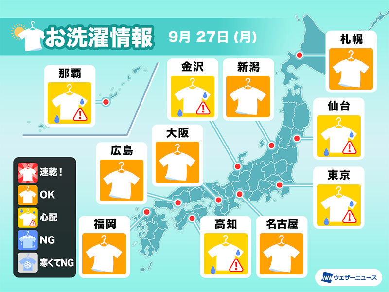 9月27日(月)の洗濯天気予報 関東などは外干しに注意 - ウェザーニュース