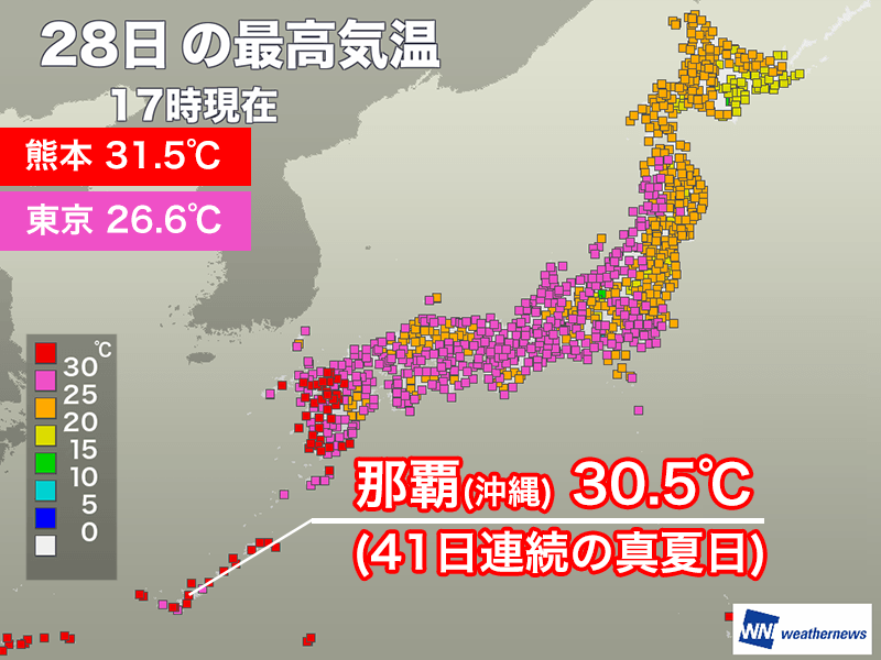 九州など西日本は厳しい残暑 那覇は41日連続の真夏日 ウェザーニュース