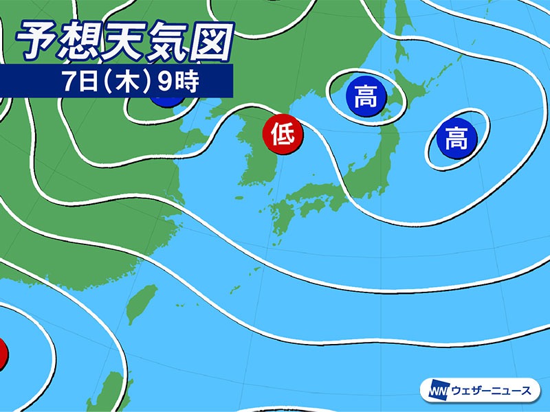 10月7日(木) 明日の天気 東日本や北日本は所々で雨、西日本は