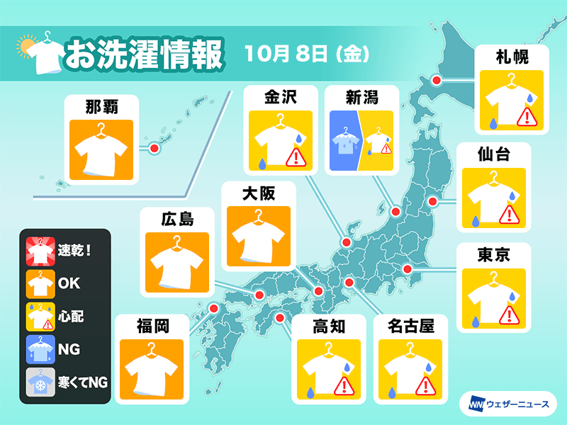 10月8日 金 の洗濯天気予報 関東や東海は晴れても空の変化に注意 ウェザーニュース