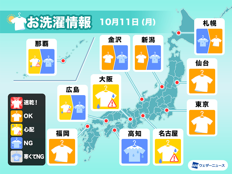 10月11日 月 の洗濯天気予報 関東は日差しの有効活用を ウェザーニュース