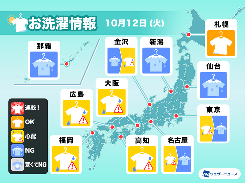 10月12日 火 の洗濯天気予報 西 東日本は部屋干しを推奨 ウェザーニュース