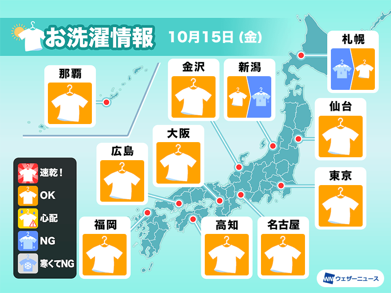 10月15日 金 の洗濯天気予報 関東以西は晴れて洗濯日和 ウェザーニュース