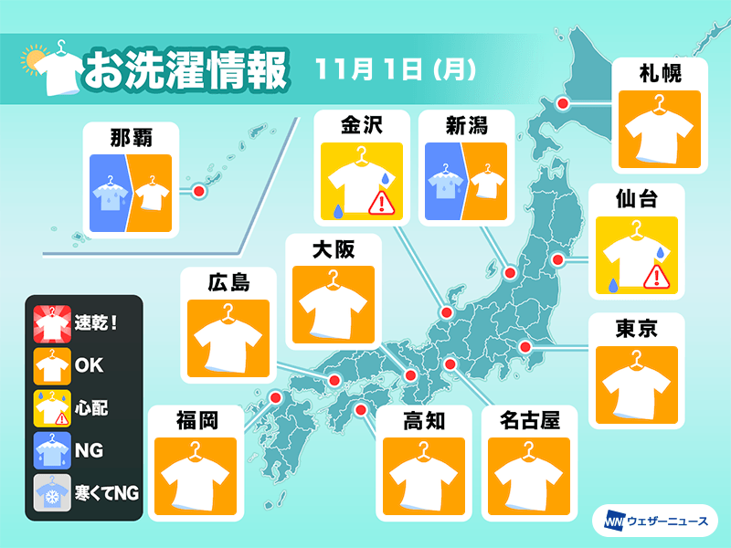 11月1日 月 の洗濯天気予報 関東以北は空の変化に注意 ウェザーニュース