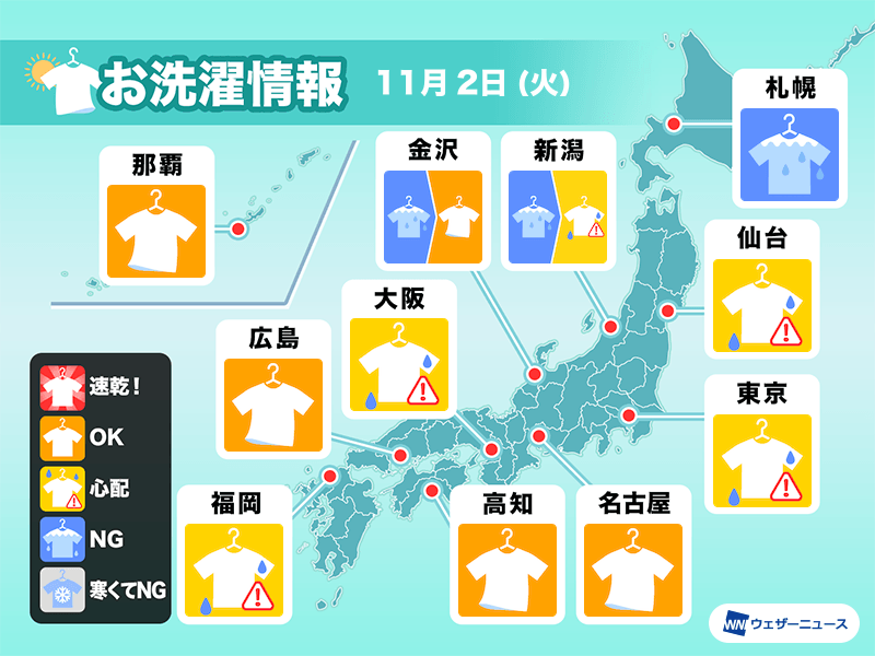 11月2日 火 の洗濯天気予報 関東は空の変化に注意 ウェザーニュース