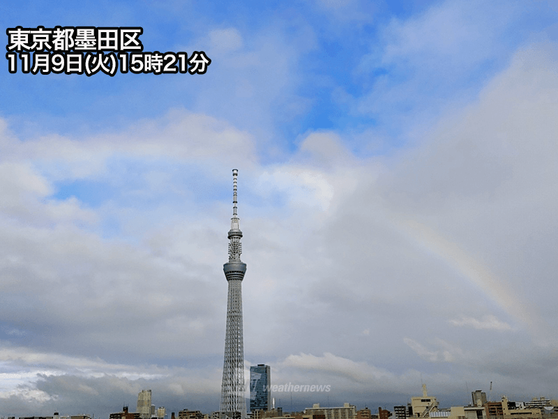 スカイツリーに虹が出現 荒天の中心は北日本へ ウェザーニュース