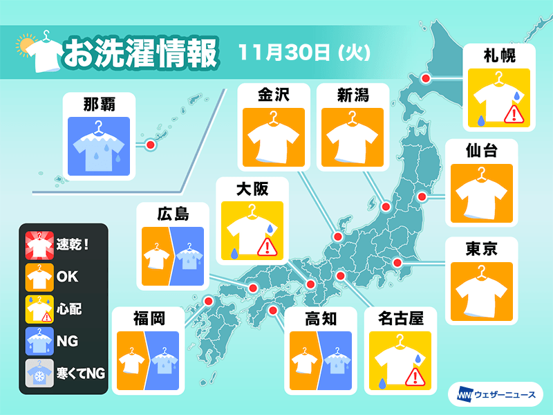 11月30日 月 洗濯天気予報 近畿以東は日差しの活用を ウェザーニュース