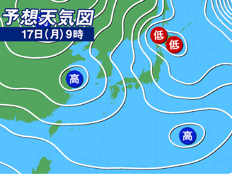 1月17日 月 の天気 北日本 北陸は強雪や吹雪に警戒 関東は一部にわか雨も ウェザーニュース