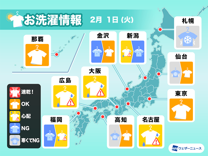 2月1日 火 の洗濯天気予報 にわか雨が心配な空 ウェザーニュース