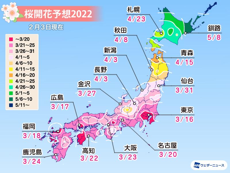 桜開花予想22 桜開花トップは東京で3月16日 北 東日本ほど平年より早まる予想 ウェザーニュース