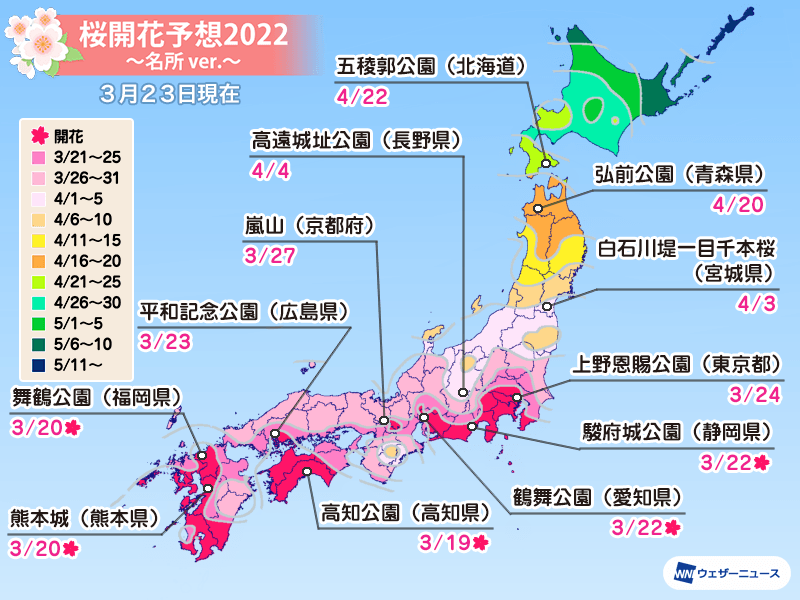 桜開花予想2022 西日本や東日本で続々と開花 東京は28日(月)に満開へ