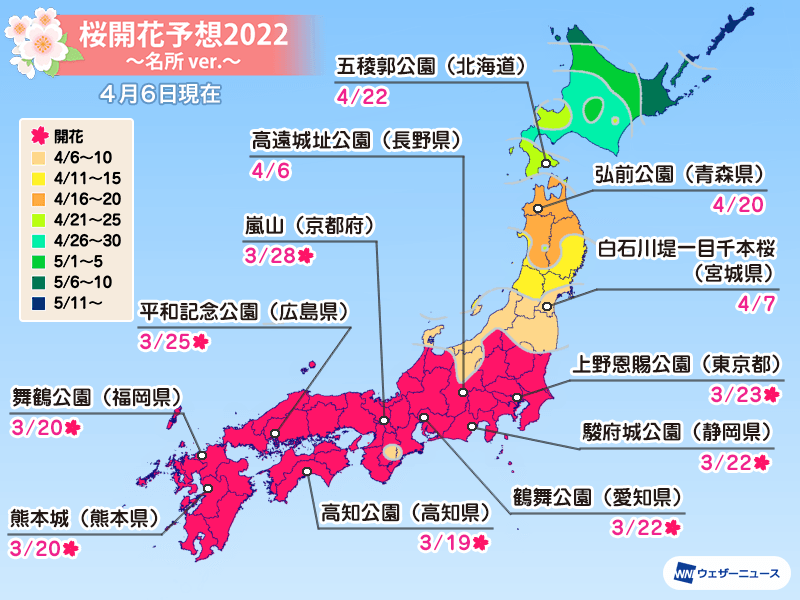 桜開花予想22 東京や大阪では見納め 来週は東北北部で開花始まる ウェザーニュース