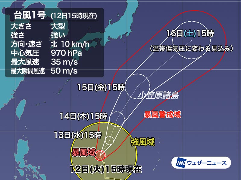 大型の台風1号 マラカス 強い勢力で北上し15日 金 頃に小笠原接近か 22年の台風情報 ウェザーニュース