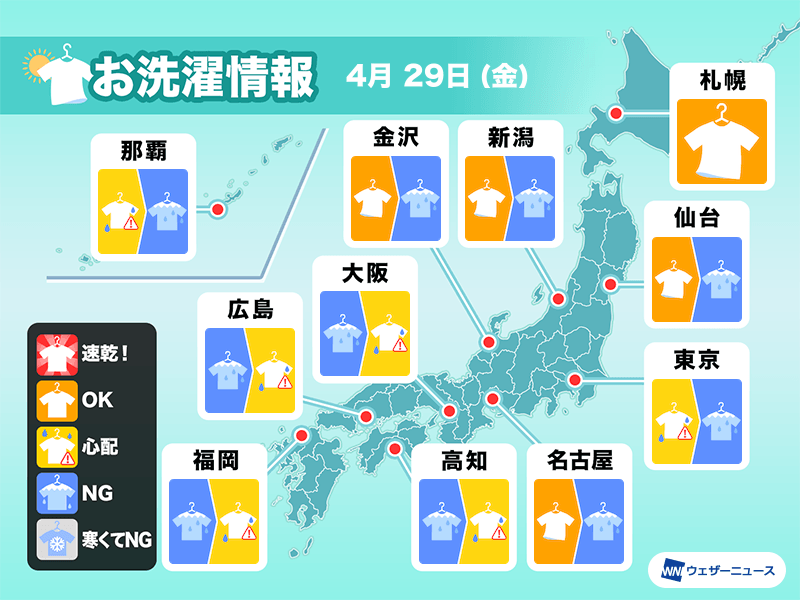 4月29日(金)の洗濯天気予報 広範囲で部屋干し推奨 北海道は外干しOK - ウェザーニュース