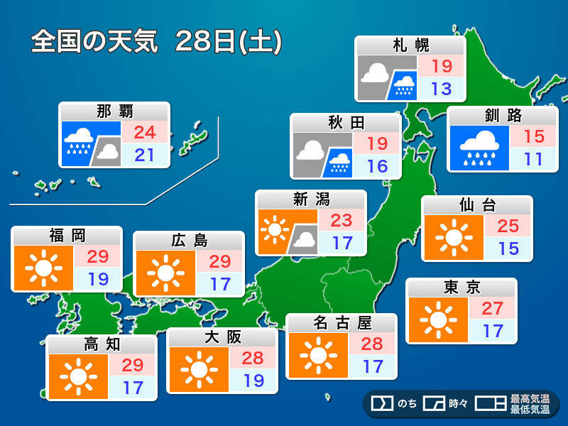 明日5月28日 土 の天気 東日本や西日本は夏を感じる暑さ 北海道と沖縄は強雨に注意 ウェザーニュース