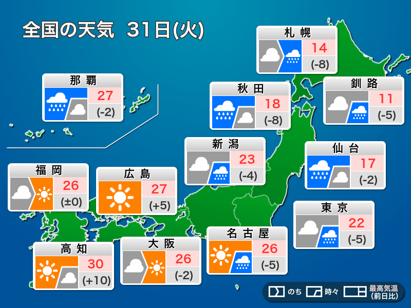 今日5月31日(火)の天気 関東は午前を中心に雨 西日本は天気回復で暑さ戻る - ウェザーニュース