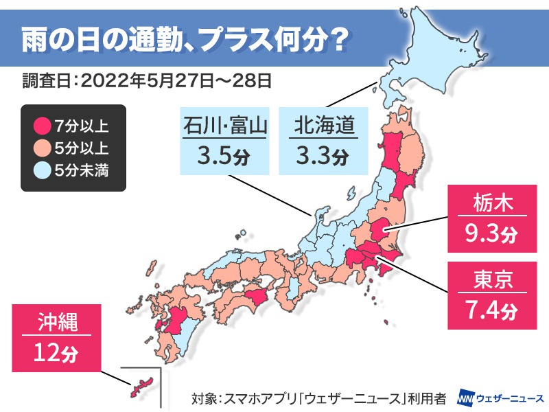 いつもより時間がかかる雨の日の通勤 東京はプラス7.4分 - ウェザー