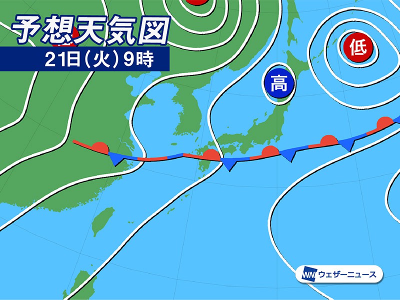 明日6月21日(火)の天気 関東より西はスッキリしない空、九州は