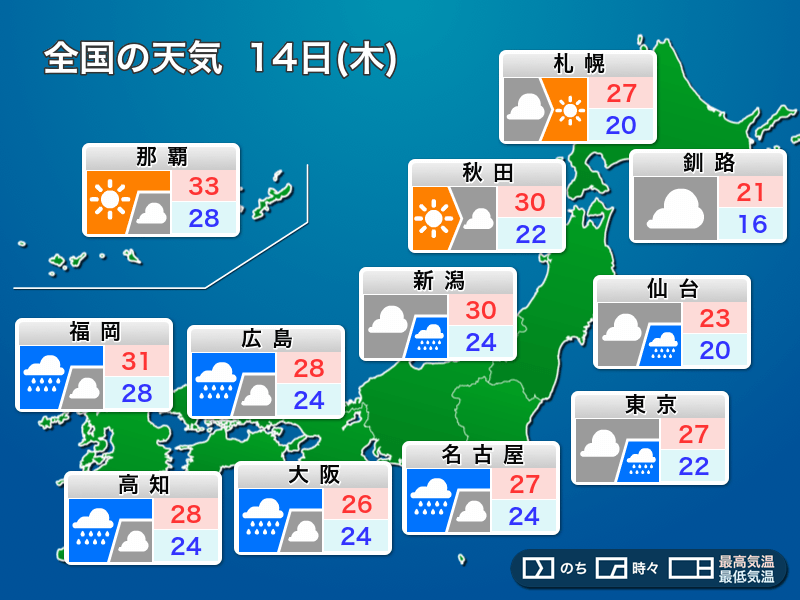 明日の天気 7月14日(木)の天気 西日本から東海、北陸は激しい雨