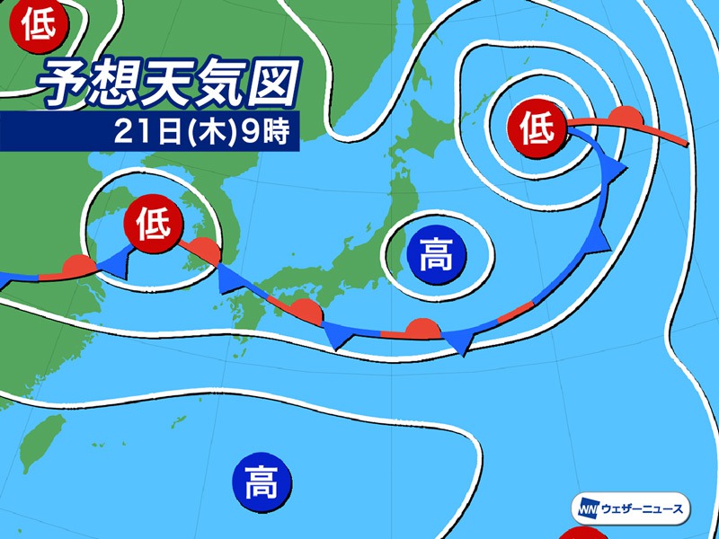 10年天気図: 明日の天気がひと目でわかる 明日7月21日(木)の天気 全国的に曇りや雨 九州は強雨に注意