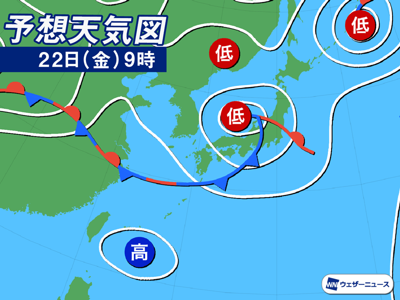 ドロップ型天気予想 明日7月22日(金)の天気 東北、北陸は雨で強まる所も 関東以西は