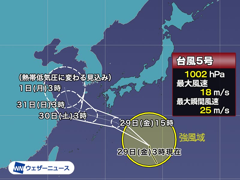 今日7月29日 金 の天気 台風5号が奄美接近へ 西日本は猛暑 ウェザーニュース