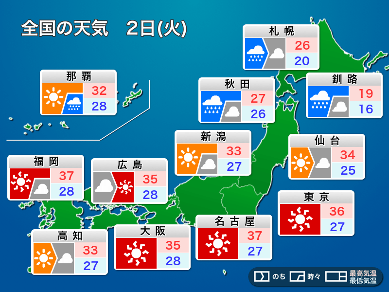 今日の天気 8月2日(火) 関東より西は危険な暑さ、北日本は強雨注意