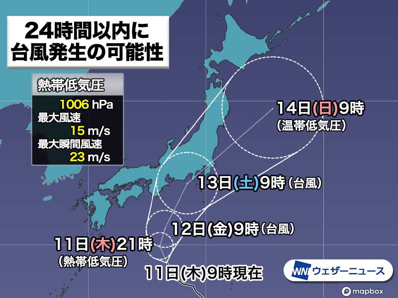台風が日本の南で発生予想 13日 土 頃に関東 東海に上陸の可能性 ウェザーニュース