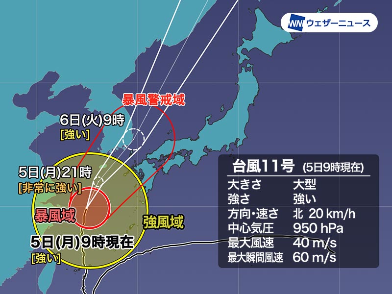 台風11号は東シナ海を北上 明日6日(火)は九州など暴風に厳重警戒 ...