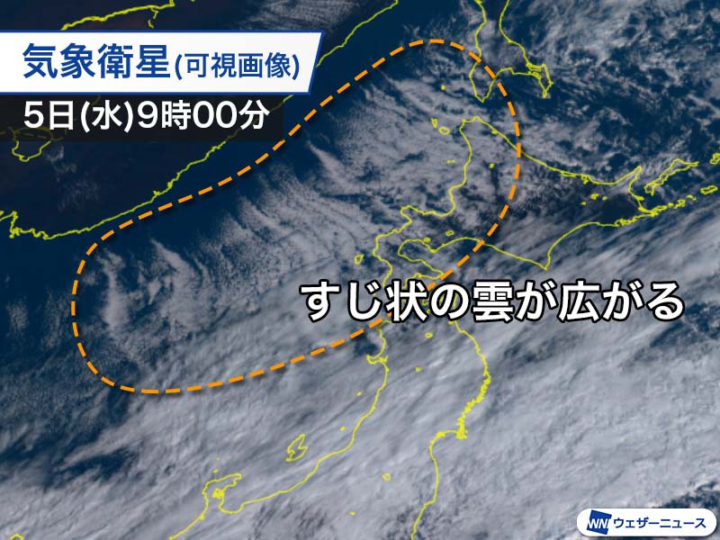 日本海にすじ状の雲が出現 衛星画像から見える冬の気配 ウェザーニュース 1365