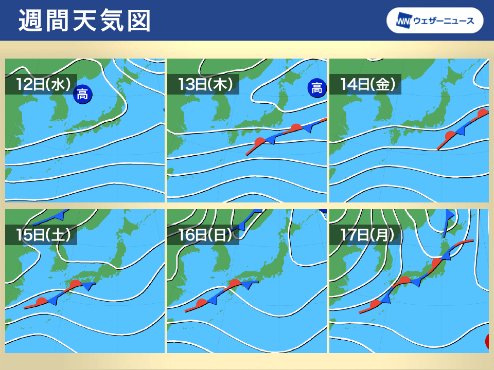 週間天気予報 次の週末は広く曇りや雨 10月12日(水)～18日(火