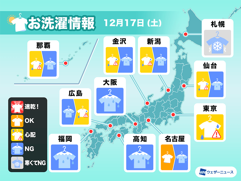 12月17日 土 の洗濯天気予報 全国的に雨や雪で外干しには不向きな空 ウェザーニュース