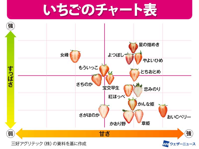 いちごチャート 品種ごとの甘さとすっぱさの特徴 - ウェザーニュース