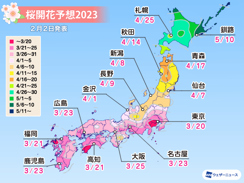 桜開花予想2023 全国トップは東京で3月20日 平年並かやや早い