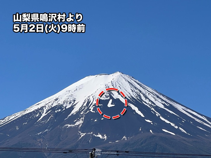 富士山に雪形の農鳥(のうとり) GW中の青空に映える - ウェザーニュース