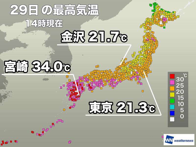 九州は暑く宮崎で34℃超 関東などは雨で気温上がらず - ウェザーニュース