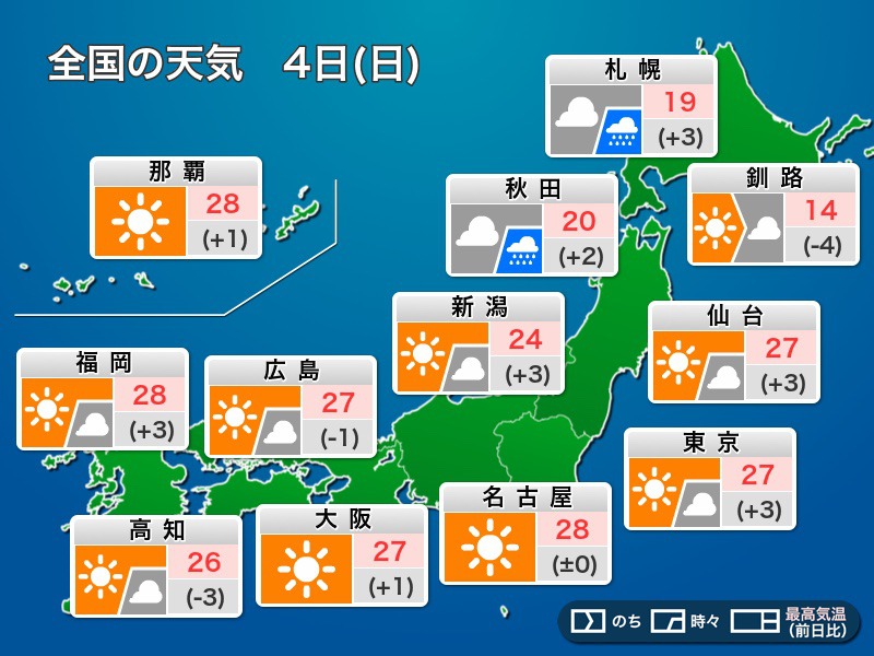 今日6月4日(日)の天気 東日本や西日本は広く晴天 北日本は急な雷雨や降雹のおそれ - ウェザーニュース