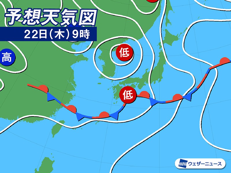 6月22日(木)の天気予報 雨の範囲が東へ拡大 関東は段々と冷たい雨に