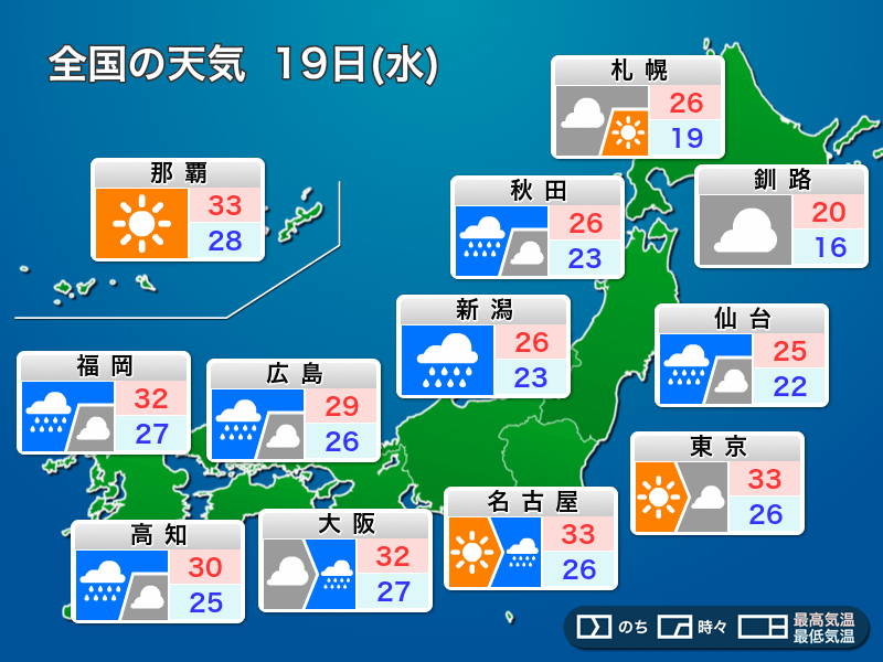 明日19日(水)の天気予報 関東から西は蒸し暑い 東北は雨の強まりに注意 - ウェザーニュース