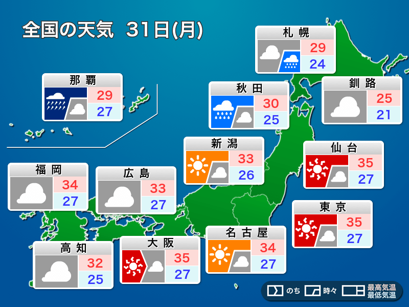 明日31日(月)の天気予報 関東は猛暑続く 沖縄は台風接近で夜から大荒れ - ウェザーニュース