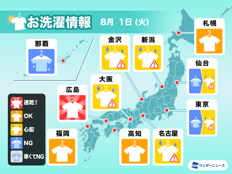 8月1日(火)の洗濯天気予報 関東など広域で部屋干しが安心 - ウェザーニュース