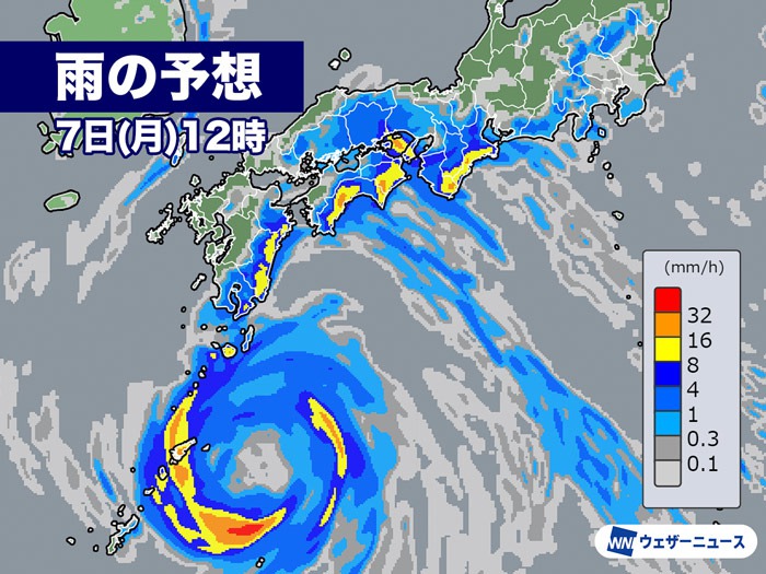 台風6号 今後は暴風域を伴いゆっくりと北上 西日本は週中頃にかけて